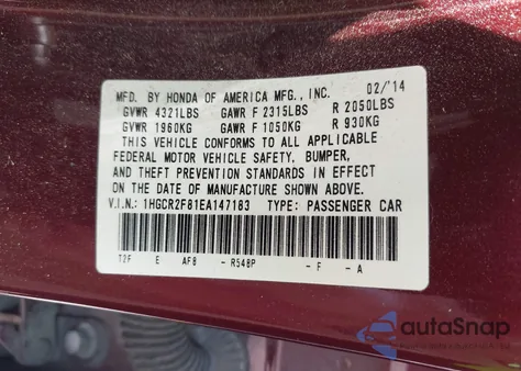 2014 Honda Accord Ex-L z USA, uszkodzony, nr VIN 1HGCR2F81EA147183